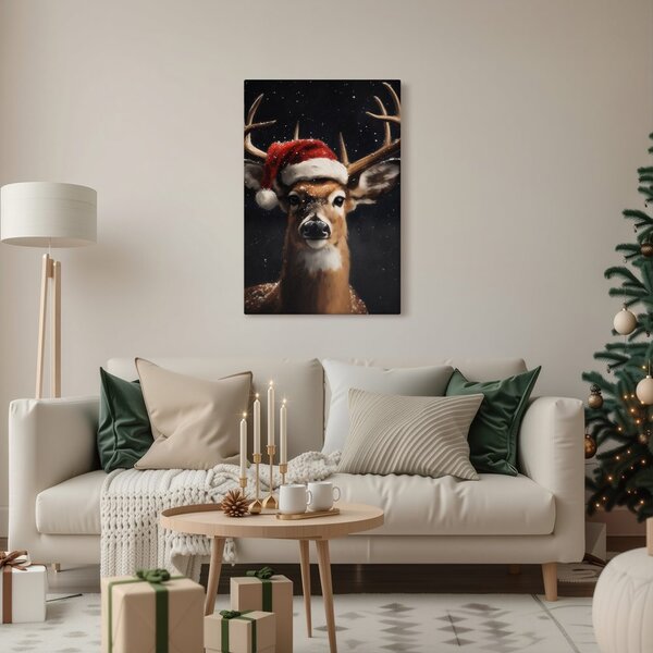 Quadro su tela – Dolce renna con cappello di Natale