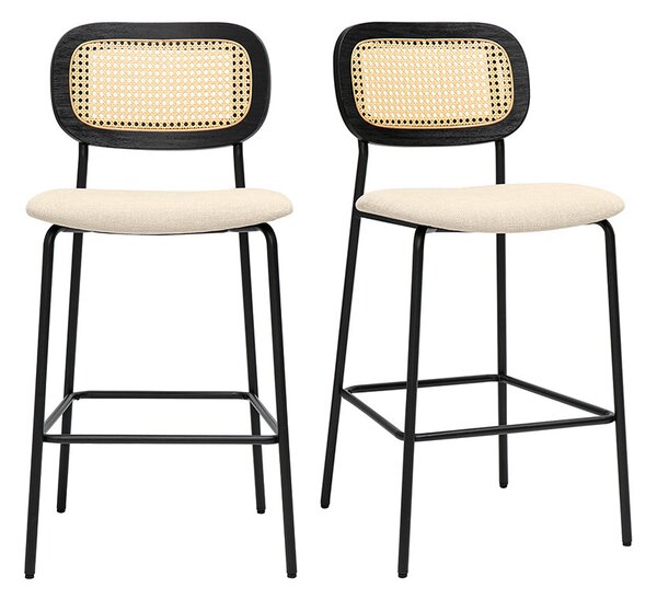 Sgabelli design in tessuto effetto velluto beige, metallo nero e canna di rattan (set di 2) MIRANDA