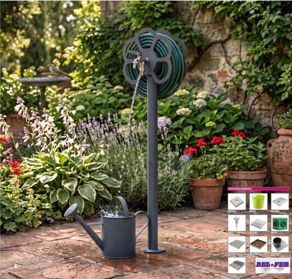 Fontana da Giardino con doppio Rubinetto e Porta tubo a Fiore Belfer Dimensioni 27x23x105 cm - peso 6,5 kg design, colore Antracie