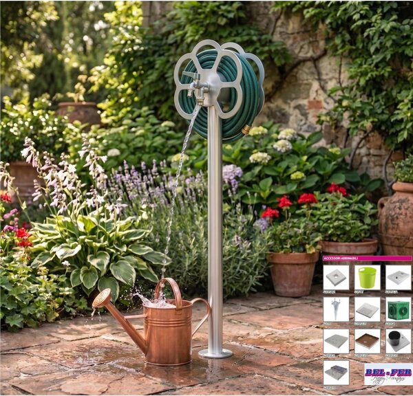 Fontana da Giardino con doppio Rubinetto e Porta tubo a Fiore Belfer Dimensioni 27x23x105 cm - peso 6,5 kg design, colore Alluminio