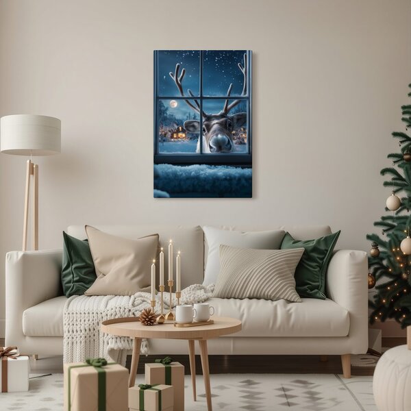 Quadro su tela Natalizio – Renna carina dietro finestra innevata