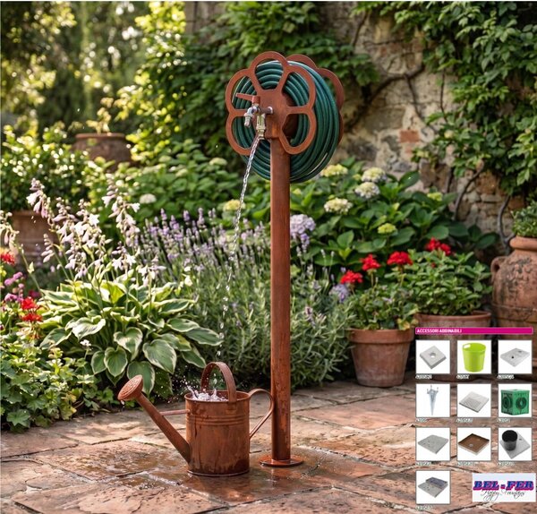Fontana da Giardino con doppio Rubinetto e Porta tubo a Fiore Belfer Dimensioni 27x23x105 cm - peso 6,5 kg design, colore Ruggine