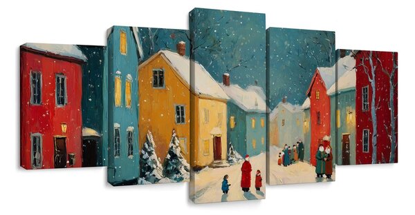 Quadri 5 pezzi – Villaggio invernale sotto la neve