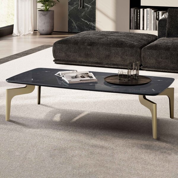 Tavolino FineBuy 120x60x30,5 cm con effetto marmo lucido nero/oro Tavolino da salotto rettangolare con struttura in metallo Tavolino da divano grande