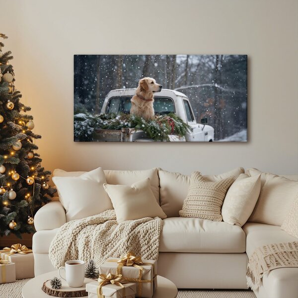Quadro su tela Natalizio – Cane su cassone pieno di aghi