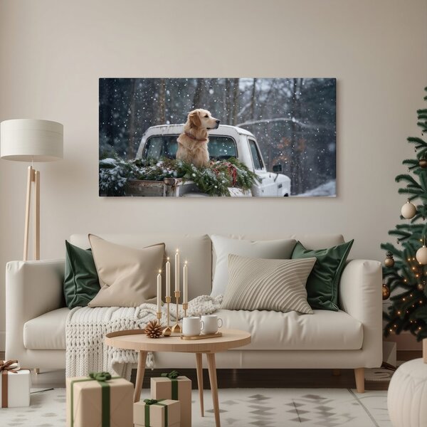 Quadro su tela Natalizio – Cane su cassone pieno di aghi