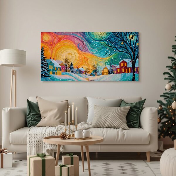 Quadro su tela Natalizio – Case colorate nella notte magica