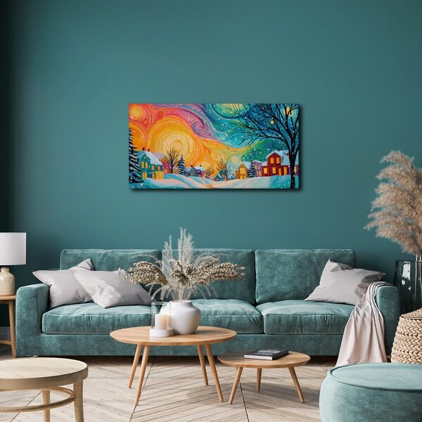 Quadro su tela Natalizio – Case colorate nella notte magica