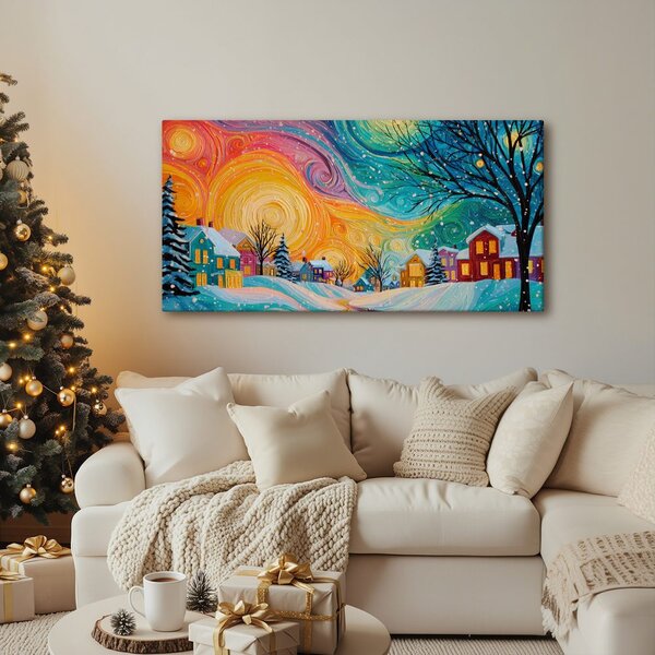 Quadro su tela Natalizio – Case colorate nella notte magica