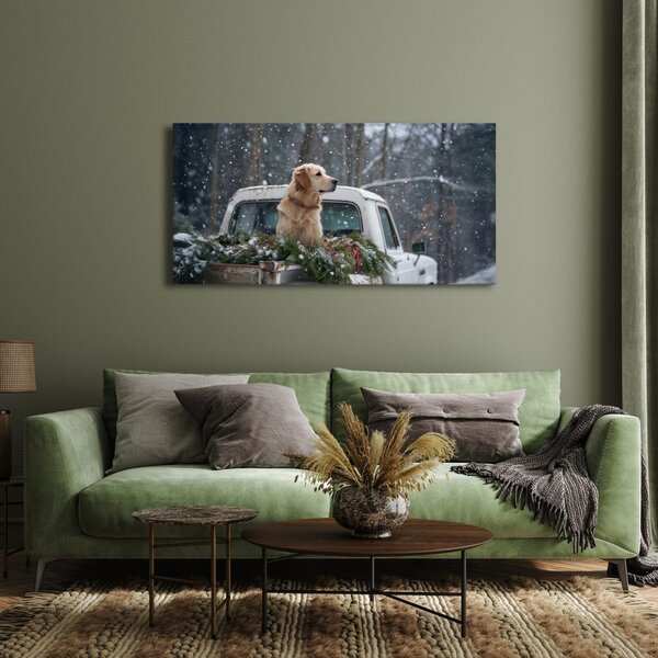 Quadro su tela Natalizio – Cane su cassone pieno di aghi