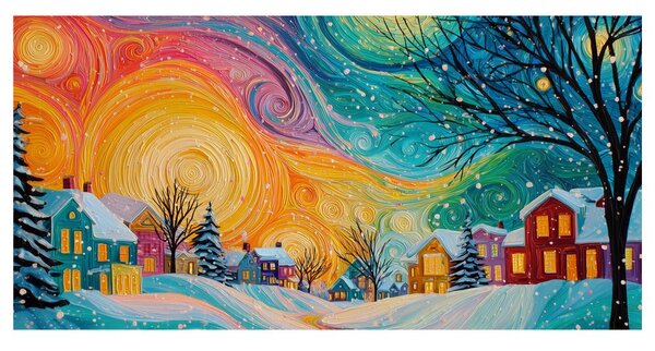 Quadro su tela Natalizio – Case colorate nella notte magica