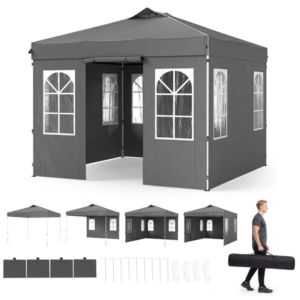 KOMFOTTEU, gazebo pop-up da giardino, dimensioni 3 x 3 metri, con struttura regolabile in altezza e dotato di 4 pareti laterali (grigio)