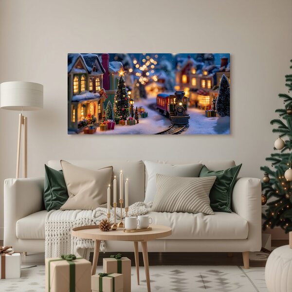 Quadro su tela – Trenino attraverso paesaggio natalizio incantevole