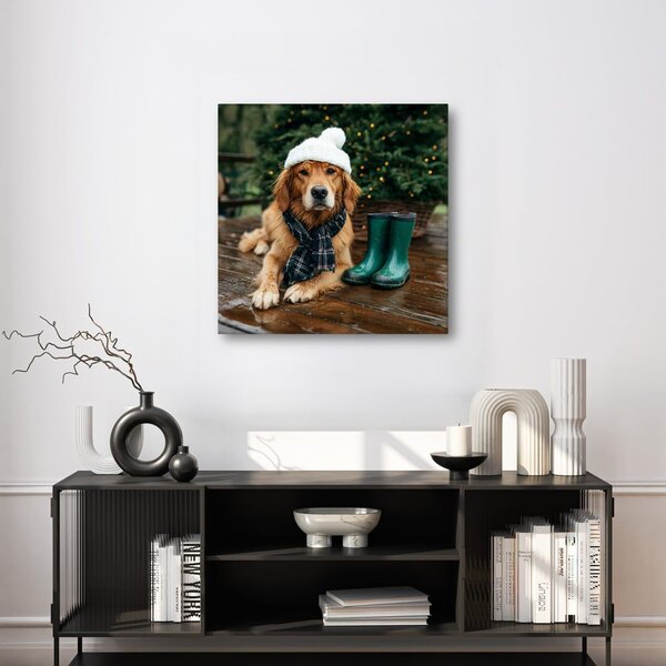 Quadro su tela – Cane con cappello invernale