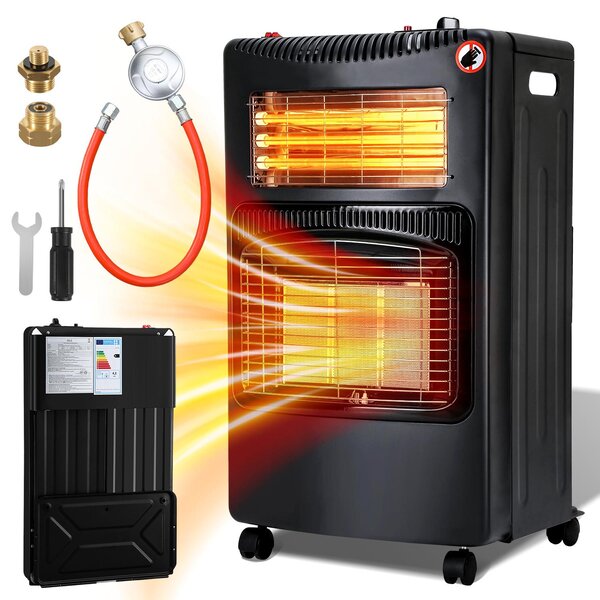 Stufa 2-in-1 a gas ed elettrica Eikuavons, 4200W/1200W, con elementi riscaldanti in Vetroceramica e quarzo, 3 livelli di potenza a gas, sistema di accensione elettronica (ODS), 4 ruote, inclusi 2 adattatori EU