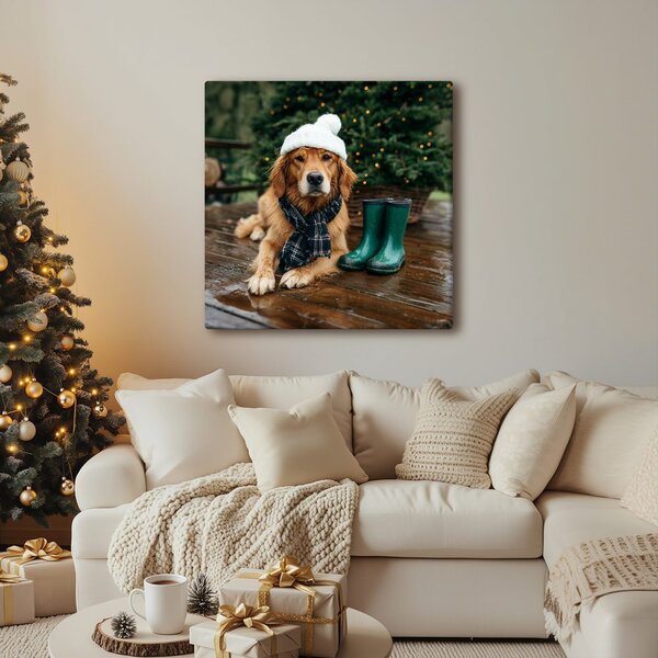 Quadro su tela – Cane con cappello invernale