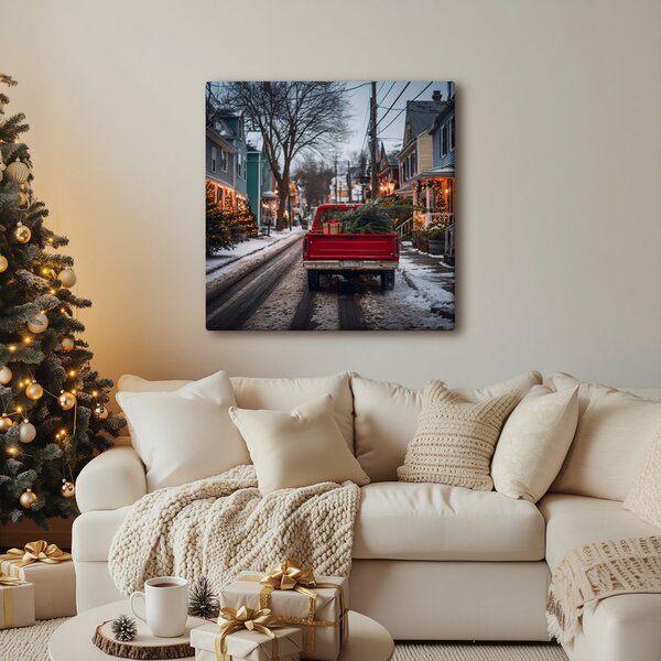 Quadro su tela – Strada innevata con luci natalizie