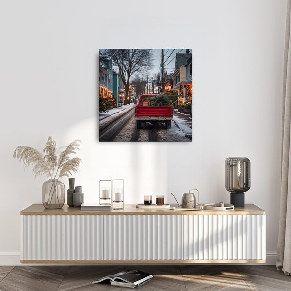 Quadro su tela – Strada innevata con luci natalizie
