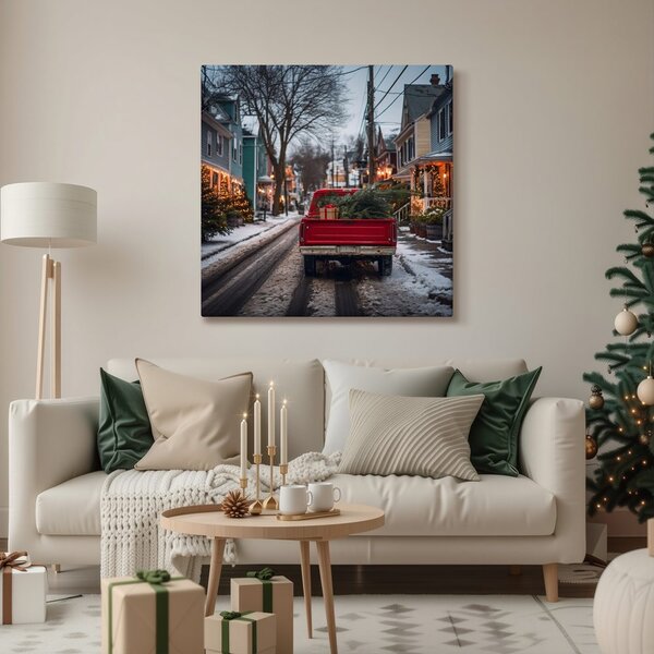 Quadro su tela – Strada innevata con luci natalizie