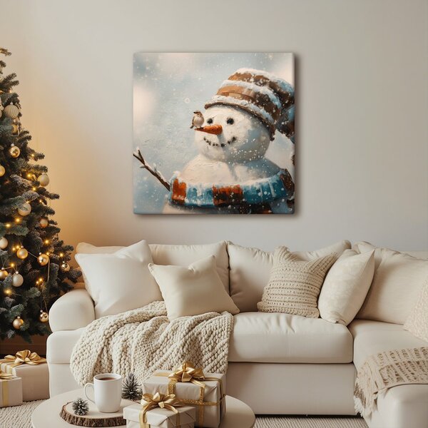 Quadro su tela Natalizio – Pupazzo di neve e amico passero