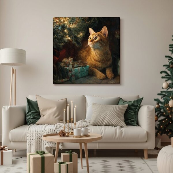 Quadro su tela Natalizio – Momenti festivi con gatto
