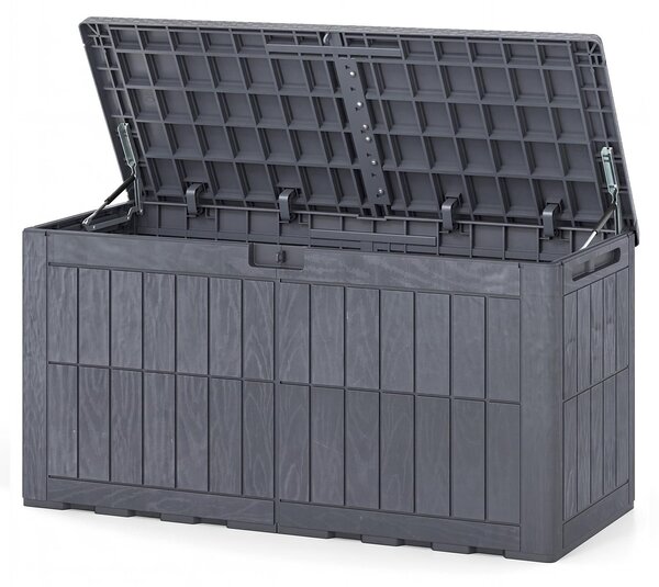 KOMFOTTEU - Contenitore resistente alle intemperie da 380 litri, scatola di stoccaggio con coperchio, dotata di ammortizzatori a gas e maniglie, 2-in-1: panchina da esterno e contenitore per cuscini, attrezzi da giardino e accessori per la piscina