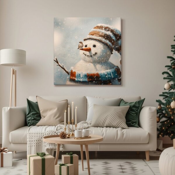 Quadro su tela Natalizio – Pupazzo di neve e amico passero