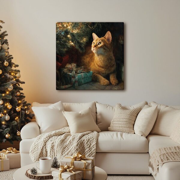 Quadro su tela Natalizio – Momenti festivi con gatto