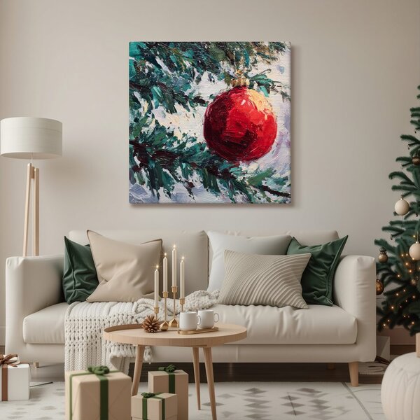 Quadro su tela Natalizio – Pallina rossa e ramoscelli