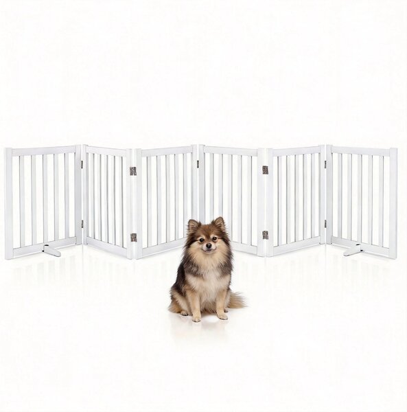 KOMFOTTEU, recinzione di sicurezza per cani, 6 pezzi, altezza 61 cm. Griglia di sicurezza in legno con cerniere a 360° e struttura a tre gambe. Recinzione per cani, barriera di sicurezza autoportante per porte e scale
