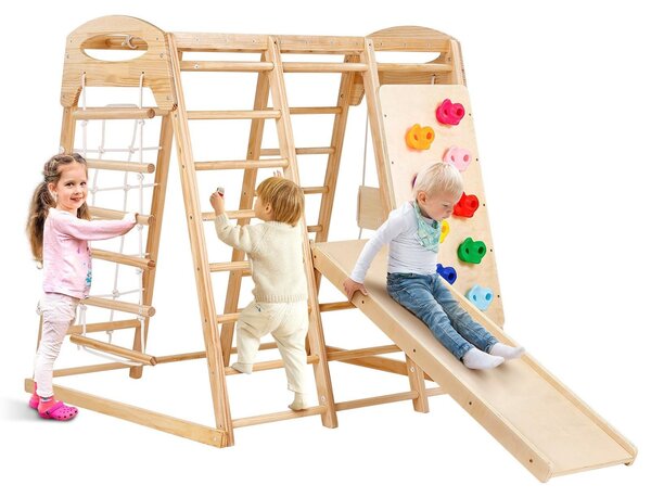 Struttura da gioco indoor per bambini - Set multifunzione 7-in-1 - Con altalena e scivolo - Scala in legno e corda - Rete da arrampicata e parete da arrampicata - Adatta a bambini dai 2 ai 6 anni