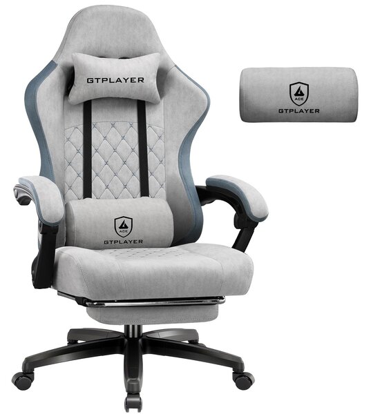 Sedia da gaming GTPLAYER, rivestita in tessuto, con imbottitura a molle indipendenti, sedia girevole ergonomica, sedia da gaming con poggiapiedi, capacità di carico fino a 150 kg, colore grigio