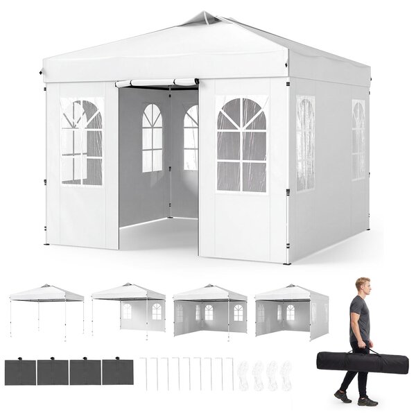 KOMFOTTEU, gazebo pop-up da giardino, dimensioni 3 x 3 metri, con struttura regolabile in altezza e dotato di 4 pareti laterali (bianco)