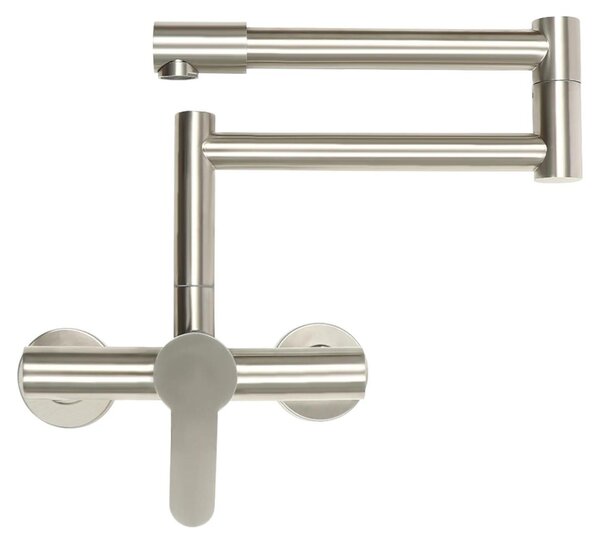 Rubinetto da cucina pieghevole - Montaggio a parete - Rubinetto da cucina a 2 fori - Rotazione a 360° - Distanza tra i fori: 15 cm - Solo acqua fredda - Acciaio inossidabile e ottone - Argento