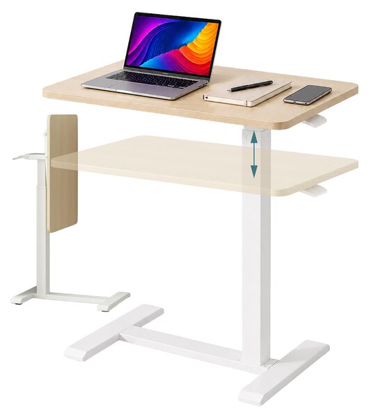 Panca scrivania regolabile in altezza da 66 a 100,5 cm, con rotelle nascoste, piano scrivania pieghevole a forma di C, bianco/naturale