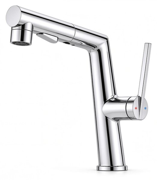SONNI: Miscelatore per lavabo estraibile con bocchetta rotonda, dimensioni 237 x 154 x 48 mm. Valvola in Vetroceramica, corpo in lega di zinco cromato