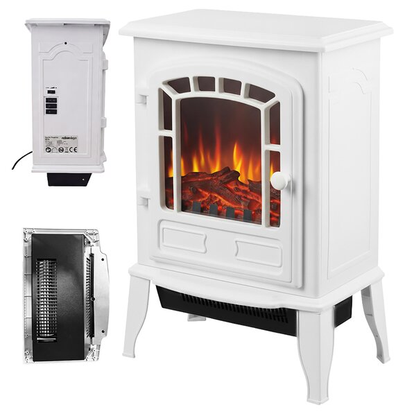 Camino elettrico Relaxdays, con effetto fiamma e riscaldamento, 2 livelli di riscaldamento, termostato, dimensioni: 56,5 x 39 x 24 cm, camino, bianco