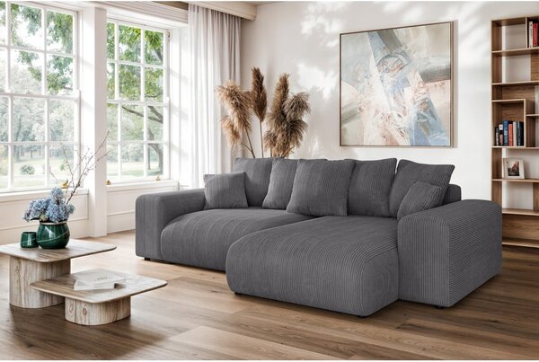Divano angolare grigio allungabile/con contenitore (con composizione variabile) con rivestimento in velluto a coste Luma – Ropez