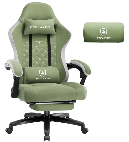 Sedia da gaming GTPLAYER, rivestita in tessuto, con imbottitura a molle, sedia girevole ergonomica, sedia da gaming con poggiapiedi, capacità di carico fino a 150 kg, colore verde