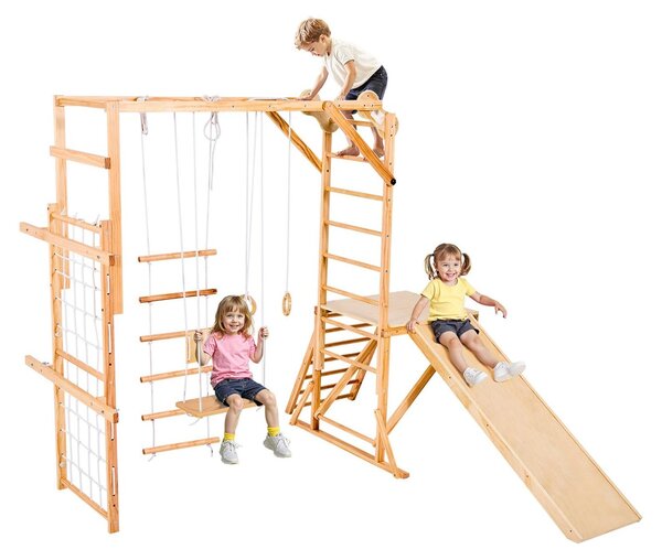 Area giochi indoor per bambini: struttura da arrampicata Montessori 8-in-1. Portata massima: 100 kg. Include: scivolo, altalena, anelli da ginnastica, scala, rete da arrampicata e barra. Adatta per uso interno