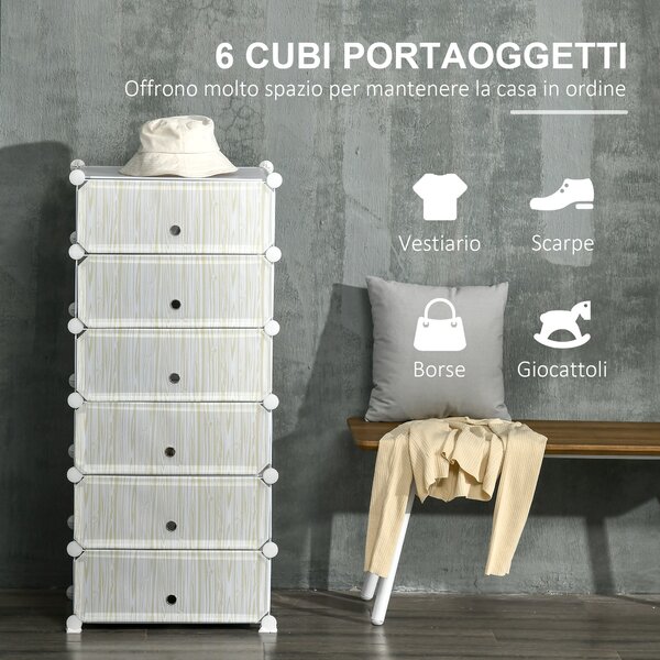 HOMCOM Mobile Scarpiera Modulare Salvaspazio, 6 Cubi 45x35x17cm in Plastica PP e Acciaio, 45x36.5x108cm, Bianco|Aosom
