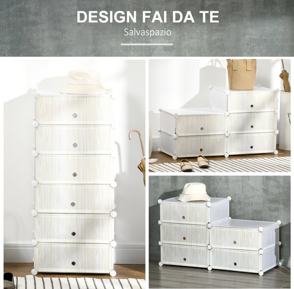 HOMCOM Mobile Scarpiera Modulare Salvaspazio, 6 Cubi 45x35x17cm in Plastica PP e Acciaio, 45x36.5x108cm, Bianco|Aosom