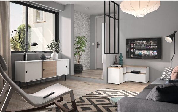 Tavolo TV in rovere decorato in bianco e naturale 90x45 cm Angle - TemaHome