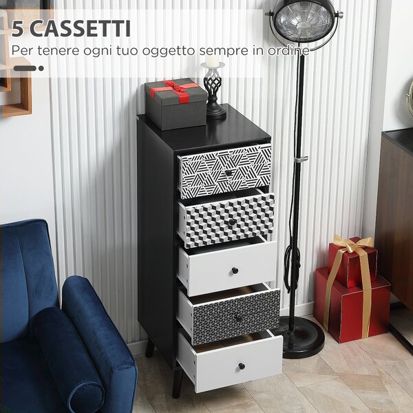 HOMCOM Mobile Cassettiera 5 Cassetti Fantasia Geometrica, Arredamento Moderno Camera e Ingresso, 39.5x39.5x110cm Nero Grigio