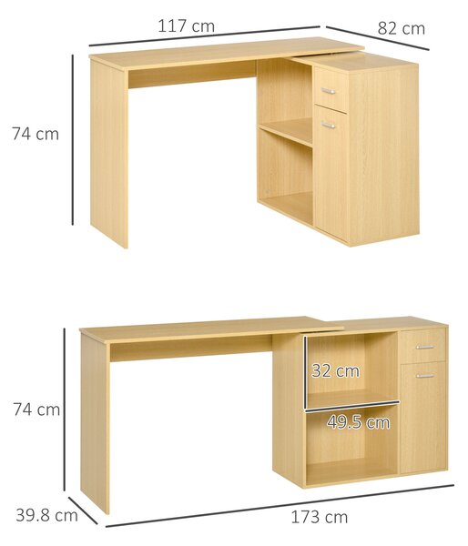 HOMCOM Scrivania Moderna per Computer Girevole a 360° 2 Ripiani 2 Cassetti, Tavolo da Pranzo in Rovere Legno, 117x82x74cm|Aosom