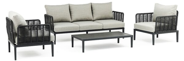 ESCONDIDO - salotto con struttura in alluminio antracite e corda in pvc, tavolino effetto pietra