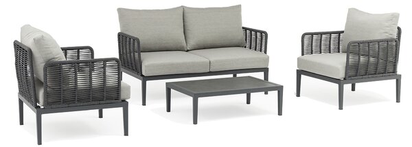 ESCONDIDO - salotto con struttura in alluminio antracite e corda in pvc, tavolino effetto pietra