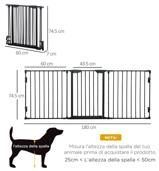 PawHut Recinto per Cani Pieghevole in Metallo per Piccole e Medie Taglie con 3 Pannelli 180x3x74.5cm Facile da Montare e Trasportare Colore Nero|Aosom