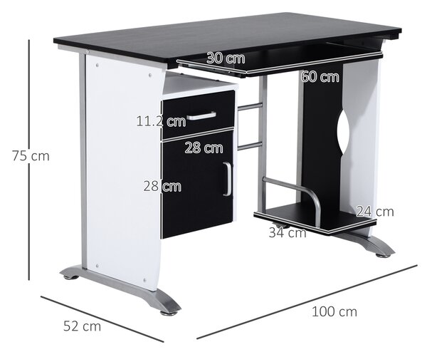 HOMCOM Scrivania per Computer con Ripiano, Cassetto e Armadietto, in MDF e Ferro, 100x52x75 cm, Bianca e Nera
