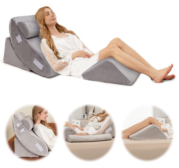 Costway Cuscino a cuneo in memory foam per letto con 4 pezzi, Set di cuscini di sostegno regolabile con poggiatesta Grigio